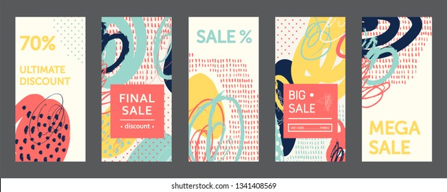 Editable instagram stories templates set with abstract elements for creative accounts. Vector illustration. Set of cards, stories, sale banners background with patterns