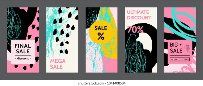 Editable instagram stories templates set with abstract elements for creative accounts. Vector illustration. Set of stories, sale banners background hand drawn elements