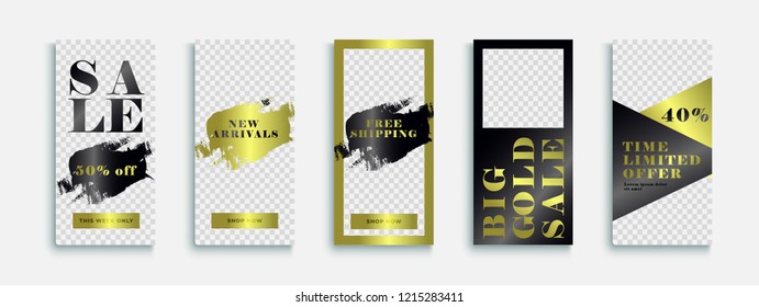 Editable Instagram Stories vector template pack. social media frames. Black and gold Layout for business story (fashion, beauty ets.): new arrival, new collection, sale, announcement.
