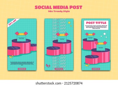 Editable instagram story post template set blue with podium for product image showcase in 90s retro trendy cartoon anti design style