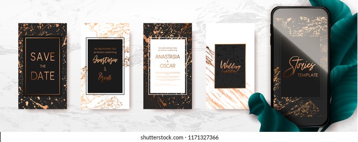 Editable Instagram Story Template Pack With Gold And Marble Texture. Trendy Kit, Social And Fashion Ads, Promotion Flyer Backgrounds, Vector Design. 