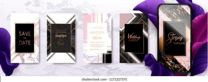 Editable Instagram Story Template Pack With Gold And Marble Texture. Trendy Kit, Social And Fashion Ads, Promotion Flyer Backgrounds, Vector Design. 