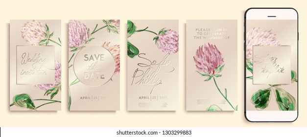 Editable Instagram Story Template Pack With Clover Flowers And Leaves. Social Media Stories Wallpapers. Wedding Invitation With Rose And Gold Clover, Leaves 