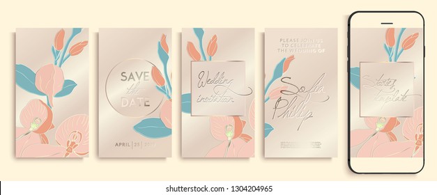 Editable Instagram Story Template Pack With Orchid Flowers And Leaves. Social Media Stories Wallpapers. Wedding Invitation With Rose And Gold Orchids, Leaves. Insta Stories Templates. 1i