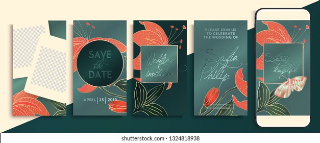 Editable Instagram Story Template Pack With Flowers And Leaves. Social Media Stories Wallpapers. Wedding Invitation With Coral And Gold Flowers, Leaves And  Butterfly