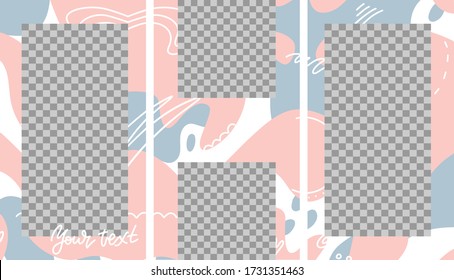 Editable Instagram template for Stories and Streaming with trendy geometric shapes in pink, grey color in doodle style. Vector flat hand drawn illustration. 3 puzzled simple, stylish, minimal designs
