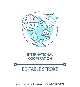 Editable international cooperation linear concept, isolated vector, blue thin line icon representing carbon border adjustment.