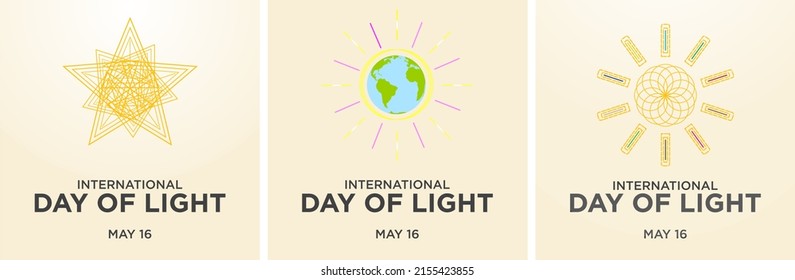 
Conjunto de conceptos editable del Día Internacional de la Luz. Celebrado el 16 de mayo. Ilustración y tipografía de vectores de sol y luz solar. Para medios sociales, elemento de diseño, pancarta, afiche, tarjeta, portada.