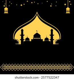 Editable Islamic poster, with mosque silhouette, lantern, star decoration. Design for flyer, social media, banner and web.