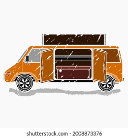 Bearbeitbare, isolierte Pinselstriche mit Stilsicht auf den mobilen Lebensmitteltruck mit Zeichenbrett und zwei Türen Vektorgrafik für Kunstelemente im Fahrzeug- oder Food-und Drink-Business-Design
