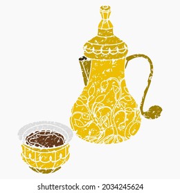 Editable Isolated Brush Strokes Style Arab Coffee in Patterned Bulbous Bottom Dallah Pot and Finjan Cup Vector Illustration for Cafe With Middle Eastern Culture Tradition and Islamic Moments Design