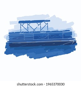 Editable Isolated Flat Brush Strokes Style Semi-Oblique Side View Pontoon Boat On Calm Water Vector Illustration For Artwork Element Of Transportation Or Recreation Related Design