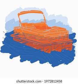 Editable Isolated Flat Brush Strokes Style Three-Quarter Top Oblique View Pontoon Boat With Water And Sky Vector Illustration For Artwork Element Of Transportation Or Recreation Related Design