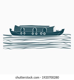 Editable Isolated Flat Monochrome Side View Typical Indian Kerala Houseboat Backwater on Wavy Lake Vector Illustration for Artwork Element of Transportation or Recreation of Hindustan Related Design