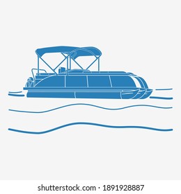 Editable Isolated Flat Monochrome Style Pontoon Boat on Wavy Water Vector Illustration with Blue Color and Semi-Oblique Side View for Artwork Element of Transportation or Recreation Related Design