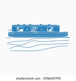 Editable Isolated Flat Monochrome Style Side View Canal Boat on Wavy Water Vector Illustration for Artwork Element of Transportation or Recreation of United Kingdom or Europe Related Design