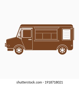 Editable Isolated Flat Monochrome Style Side View Mobile Food Truck With Menu Board Vector Illustration for Artwork Element of Vehicle or Food and Drink Business Related Design