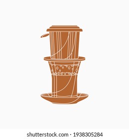 Editable Isolated Flat Monochrome Style Vietnam Drip Coffee Brewing With Saucer Vector Illustration for Artwork Element of Cafe With Vietnamese Culture and Tradition Related Design