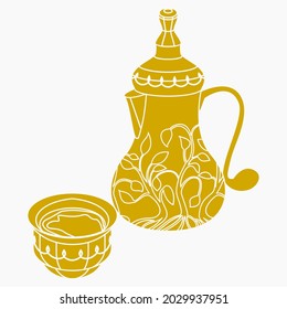 Editable Isolated Flat Monochrome Style Arab Coffee in Patterned Bulbous Bottom Dallah Pot and Finjan Cup Vector Illustration for Cafe With Middle Eastern Culture Tradition and Islamic Moments Design