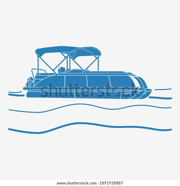 Editable Isolated Flat Monochrome Style Pontoon\
Boat on Wavy Water Vector Illustration with Blue Color and\
Semi-Oblique Side View for Artwork Element of Transportation or\
Recreation Related\
Design