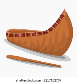 Editable Isolated Front Side Oblique View Native American Canoe With Paddle Vector Illustration for Transportation or Traditional Culture and History Related Design