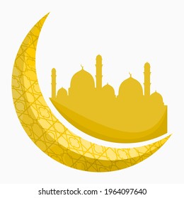 Editable Isolated Golden Styles of Mosque Silhouette and Patterned Crescent Moon Vector Illustration for Ramadan Kareem and Eid Mubarak Design Concept