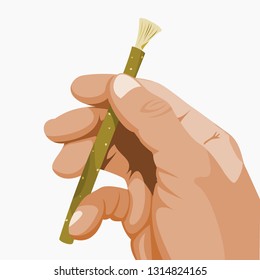 Editable Isolated Hand Holding Miswak Organic Twig Toothbrush Obliquely Vector Illustration for Healthy Lifestyle Concept With Islamic or Ayurvedic Culture