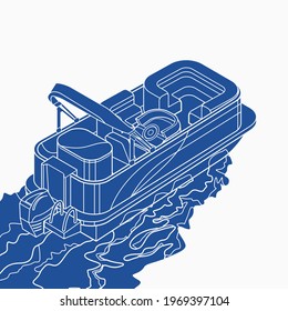 Editable Isolated Isometric-like Three-Quarter Top Oblique View Flat Monochrome Style Pontoon Boat on Wavy Water Vector Illustration with Blue Color for Artwork Element of Transportation or Recreation