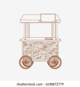 Editable Isolated Mobile Mini Wooden Food Cart Vector Illustration in Outline Style for Food and Drink Business Related Concept
