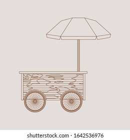 Editable Isolated Mobile Wooden Simple Food Cart Vector Illustration With Umbrella in Outline Style for Food and Drink Business Related Concept