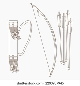 Herramientas de arquería nativa estadounidense aislada editable Ilustración vectorial en el estilo de esquema para diseño relacionado con cultura tradicional e historia