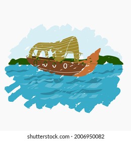 Editable Isolated Oblique View Brush Strokes Style Indian Kerala Houseboat Backwater on Wavy Lake Vector Illustration for Artwork Element of Transportation or Recreation of Hindustan Related Design