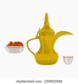 Editable Isolated on White Background Side View Arab Coffee and Date Palm Fruits in a Bowl Vector Illustration for Cafe with Middle Eastern Culture Tradition and Islamic Moments Related Design