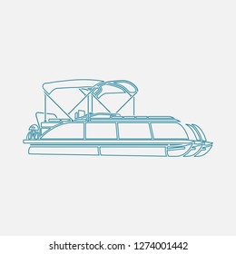 Editable Isolated Semi-Oblique Side View Pontoon Boat Vector Illustration In Outline Style For Transportation Or Recreation Related Design