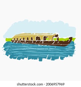 Bearbeitbar isolierte Halboblique View Brush Schlagstöcke Indian Kerala Houseboat Backwater auf Wavy Lake Vektorgrafik für Kunstwerk Element der Transport- oder Recreation von Hindustan verwandte Design