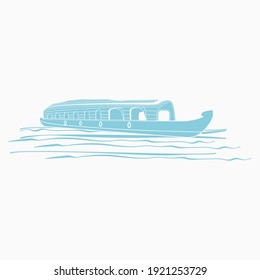 Editable Isolated Semi-Oblique View Flat Monochrome Indian Kerala Houseboat Backwater on Wavy Lake Vector Illustration for Artwork Element of Transportation or Recreation of Hindustan Related Design