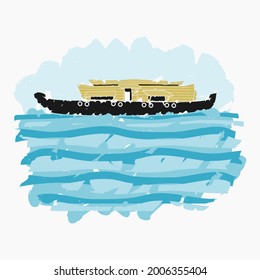 Editable Isolated Side View Brush Strokes Typical Indian Kerala Houseboat Backwater on Wavy Lake Vector Illustration for Artwork Element of Transportation or Recreation of Hindustan Related Design
