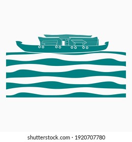 Editable Isolated Side View Flat Monochrome Typical Indian Kerala Houseboat Backwater on Wavy Lake Vector Illustration for Artwork Element of Transportation or Recreation of Hindustan Related Design