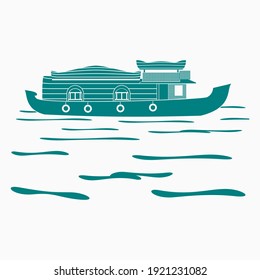 Editable Isolated Side View Flat Monochrome Style Indian Kerala Houseboat Backwater on Wavy Lake Vector Illustration for Artwork Element of Transportation or Recreation of Hindustan Related Design