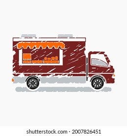 Editable Isolated Side View Mobile Food Truck Vector Illustration in Brush Strokes Style for Vehicle or Food and Drink Business Related Design