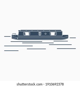 Editable Isolated Side View Narrow Boat Vector Illustration in Flat Monochrome Style for Transportation or Recreation of United Kingdom or Europe Related Design