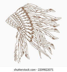 Editable Isolated Side View Native American Headdress Vector Illustration in Outline Style for Traditional Culture and History Related Design