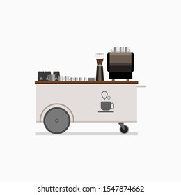 Editable Isolated Side View Soft Bright Color Coffee Cart Vector Illustration With Logo and Brewing Equipment for Cafe Related Concept