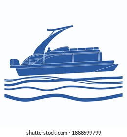 Editable Isolated Side View Sport Arch Pontoon Boat On Wavy Water Vector Illustration With Blue Color In Flat Monochrome Style For Artwork Element Of Transportation Or Recreation Related Design