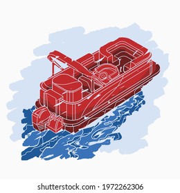 Editable Isolated Three-Quarter Top Oblique View Flat Brush Strokes Style Pontoon Boat On Wavy Water Vector Illustration For Artwork Element Of Transportation Or Recreation Related Design