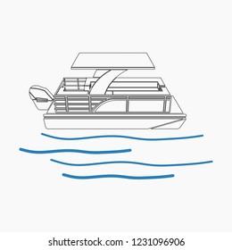 Editable Isolated Three-Quarter Top Side View Pontoon Boat On Wavy Water Vector Illustration In Outline Style For Transportation Or Recreation Related Design