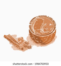 Editable Isolated Top Side View Brush Strokes Style Masala Chai in a Bowl With Assorted Herb Spices Vector Illustration for Artwork of Beverages Related Design With South Asian Culture and Tradition