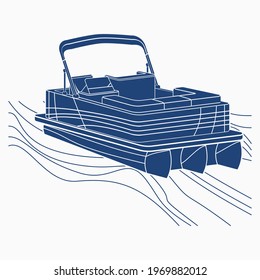 Editable Isolated Top Three-Quarter Oblique View Flat Monochrome Style Pontoon Boat on Wavy Water Vector Illustration with Blue Color for Artwork Element of Transportation or Recreation Related Design