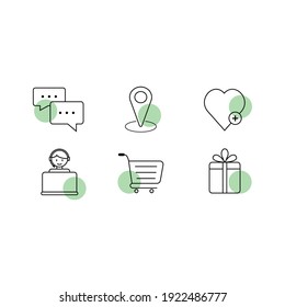 Editable isolated vector icons related to website store and e-commerce. Symbols such as chat, customer service, love and location are included in this set.