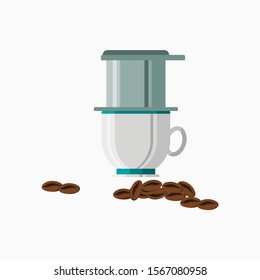 Editable Isolated Vietnam Drip Coffee Brewing Into Ceramic Mug Vector Illustration With Roasted Beans for Artwork Element of Cafe With Vietnamese Culture and Tradition Related Design